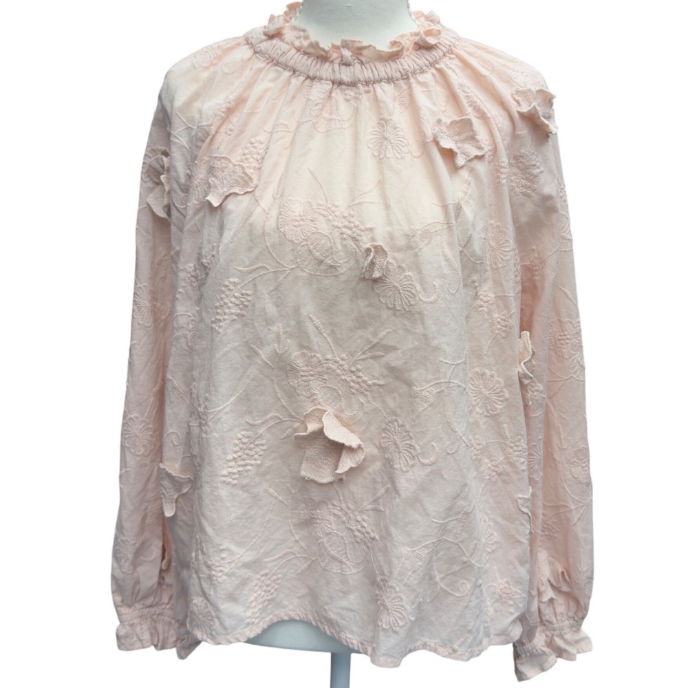 Jennifer & Grace Pink Cotton Embroidered 3D Floral Ruffle Blouse Large